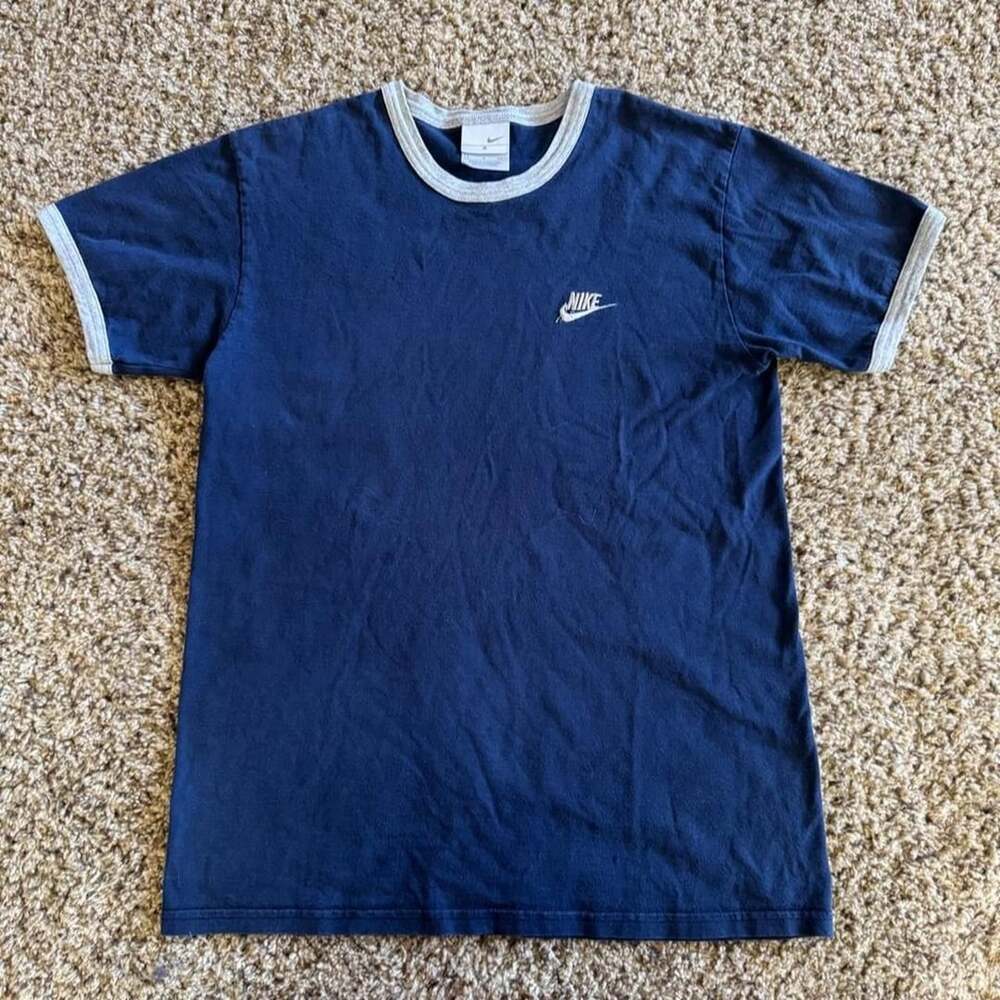 Nike Ringer T-Shirt Size S Navy Blue White Embroidered Swoosh